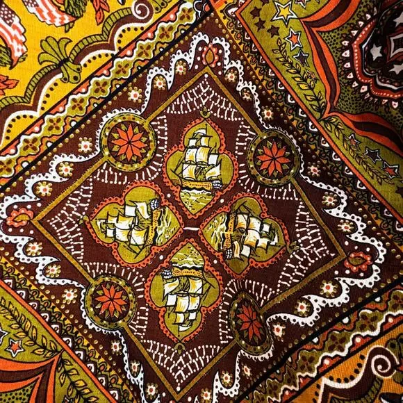 Handmade Vintage 1970s 86" Round Tablecloth Patriotic Americana Ships Eagles - Picture 5 of 9